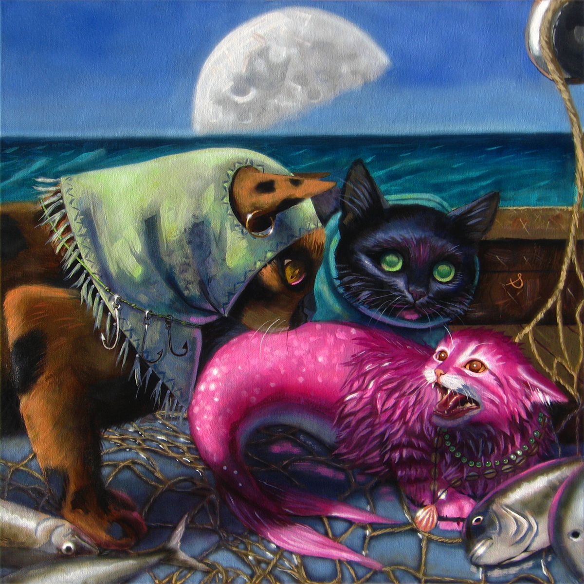 Catch of the Day Whimsical fantasy painting of two fishing cats on a boat under a bright moon, pulling a vibrant pink mermaid kitten from the sea, with fishing nets, hooks, and ocean waves in the background — magical feline sea creature art by Brutal Sun.