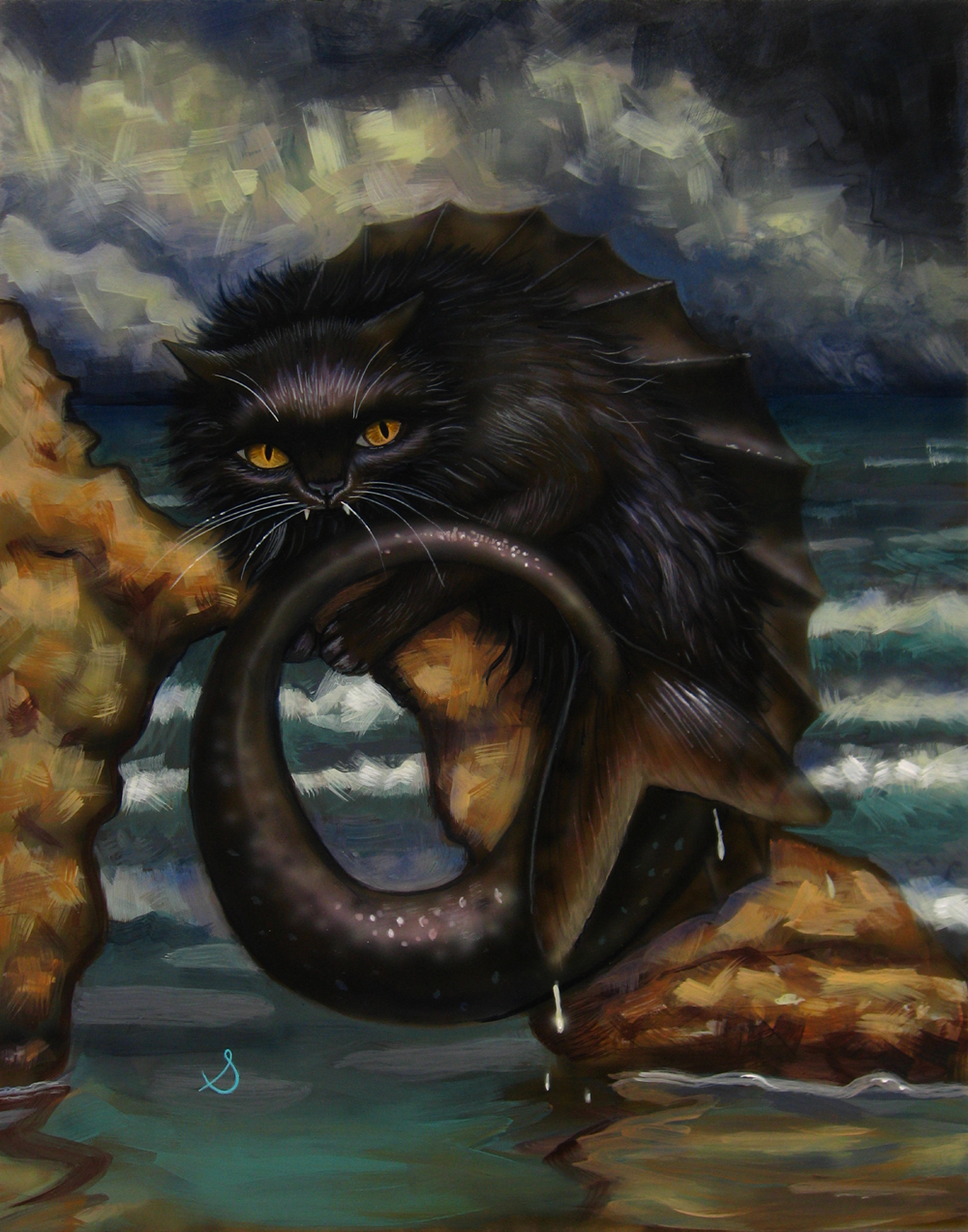 Squall Fantasy painting of a black cat with golden eyes and a mermaid tail perched on coastal rocks under a stormy sky, with ocean waves and dramatic clouds in the background — whimsical sea creature cat art by Brutal Sun. This painting has been signed with a cursive S, which is the signature of traditional artist Sara Wagner.